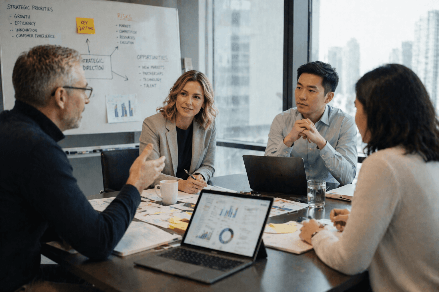 Four executives in discussion around a boardroom table, beside a whiteboard of strategic priorities, risks and opportunities.