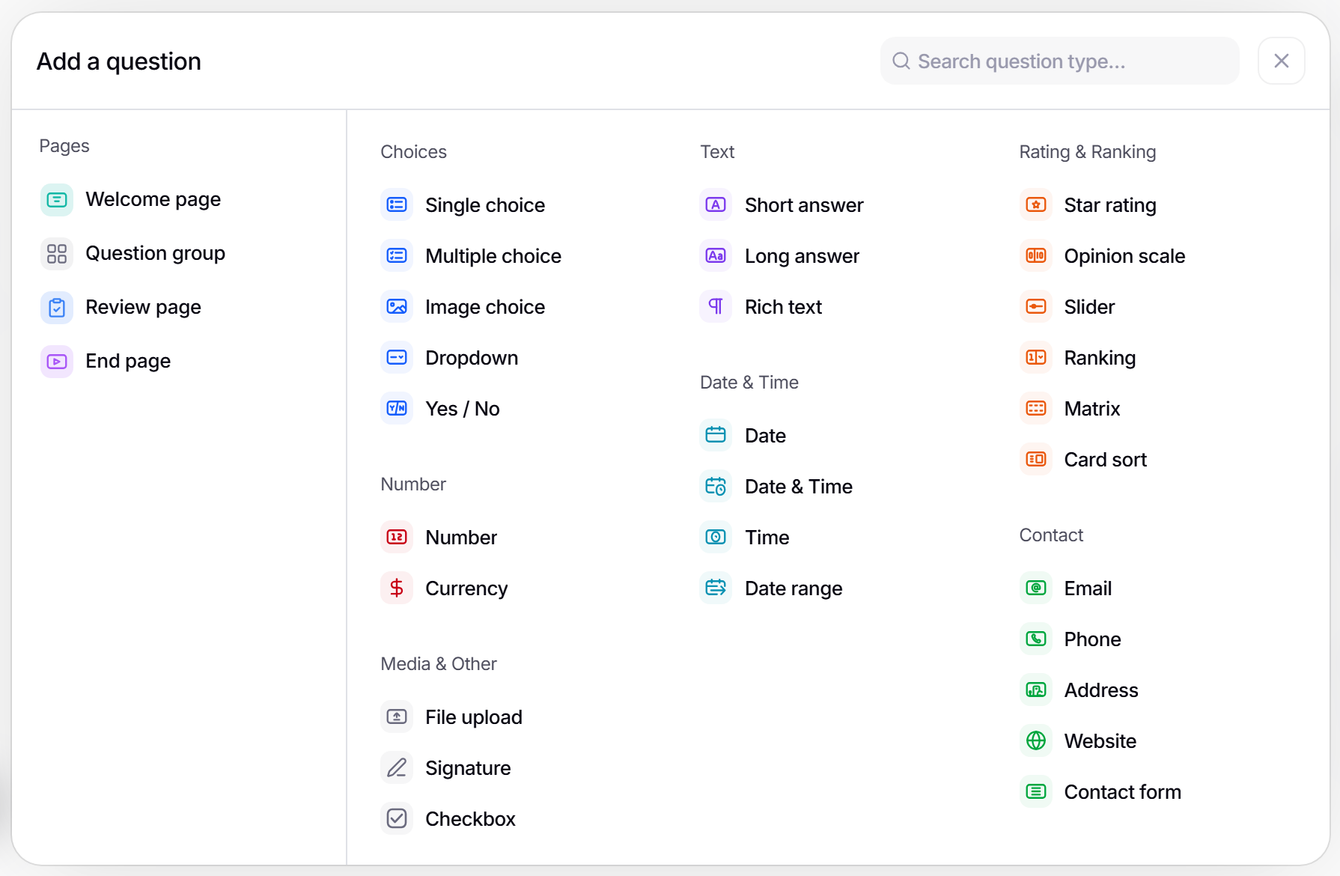 The Validata question picker: choice, text, rating, date and contact question types.
