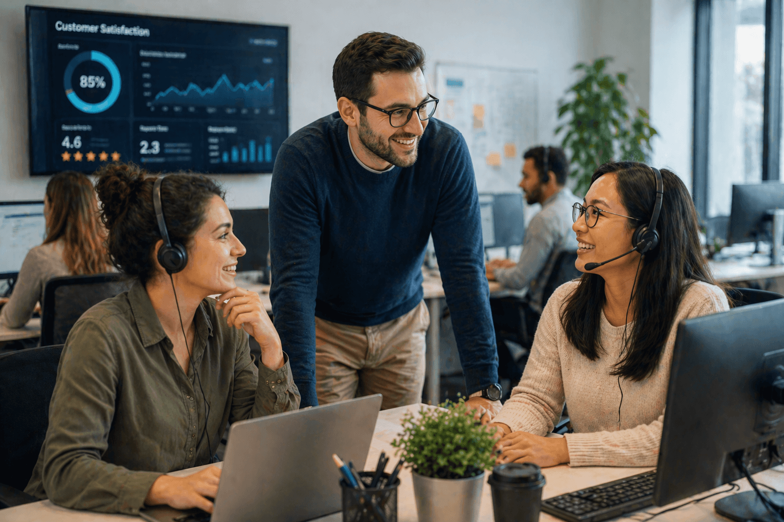 A support team in headsets chats at their desks, a customer-satisfaction dashboard on the wall screen behind them.