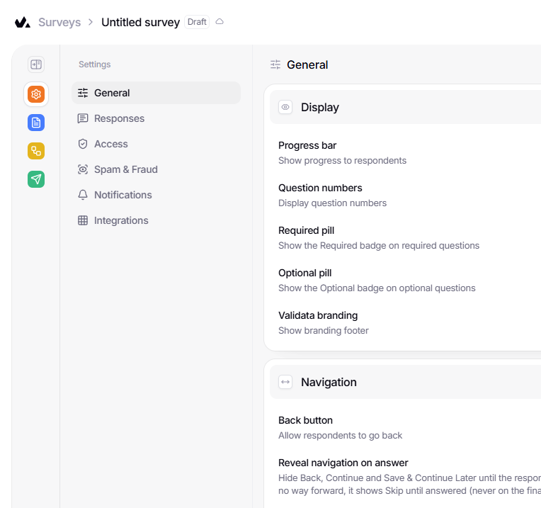 The survey settings screen: General settings with Display toggles for the progress bar and question numbers, and the Navigation options