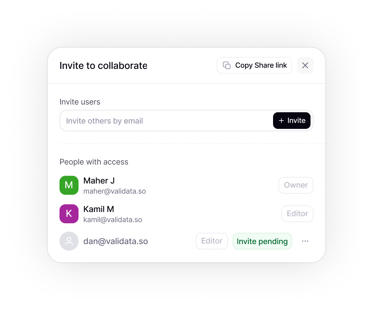 The Invite to collaborate dialog: invite by email, and the people with access with their Owner and Editor roles