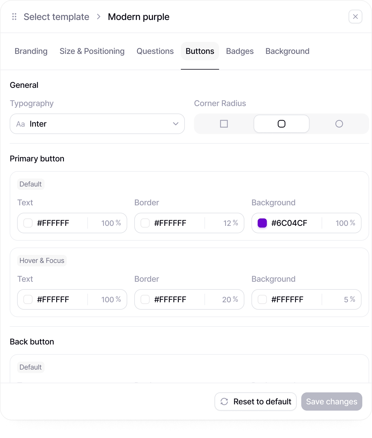 Design template settings, Buttons tab: typography, corner radius and the primary button's text, border and background colors