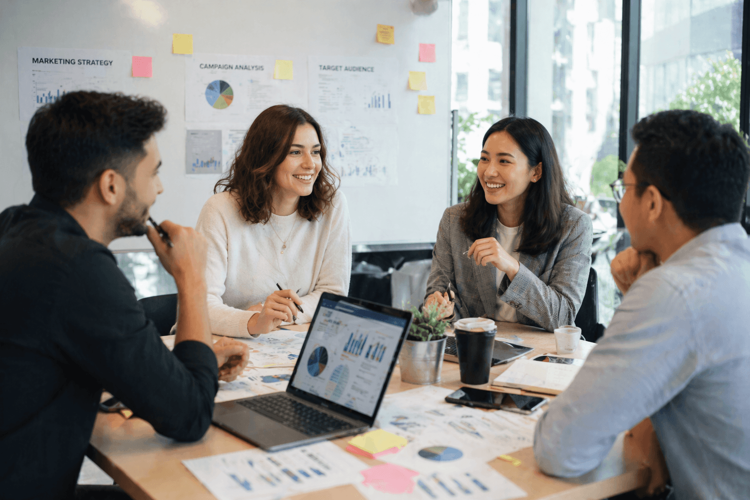 A marketing team reviews campaign charts on a laptop, in front of a wall pinned with marketing strategy, campaign analysis and target audience printouts.
