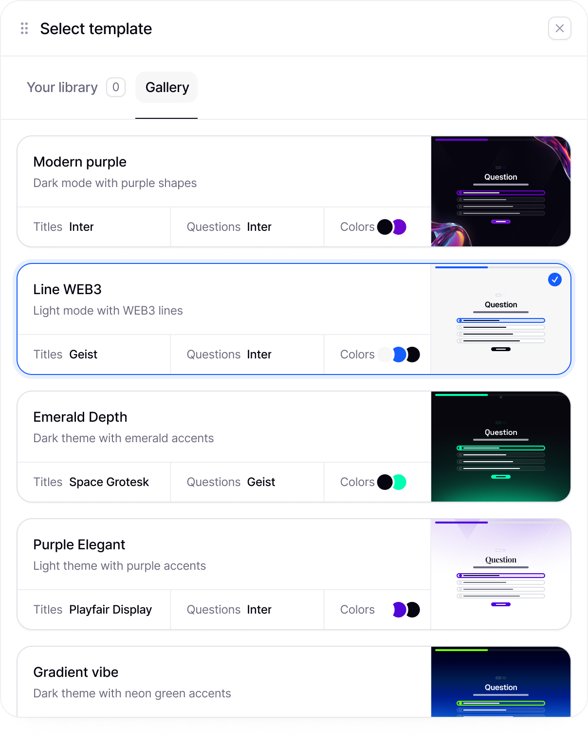 The Select template dialog: a gallery of survey designs such as Modern purple, Line WEB3 and Emerald Depth
